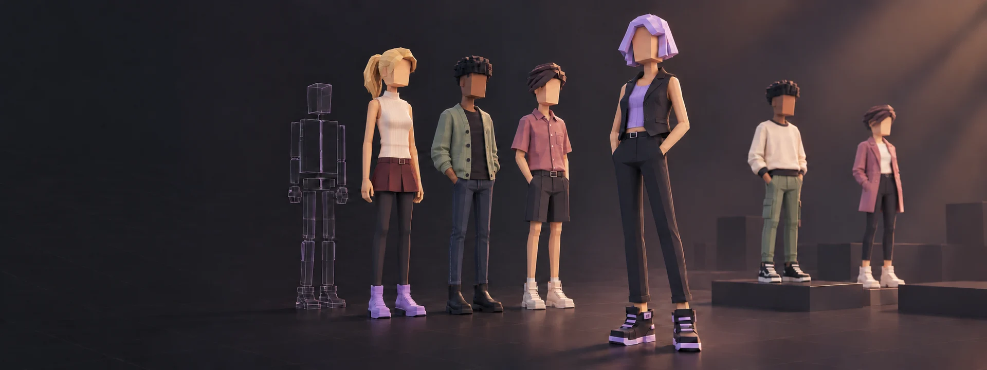Six slender characters in distinct fashionable outfits beside a wireframe character study